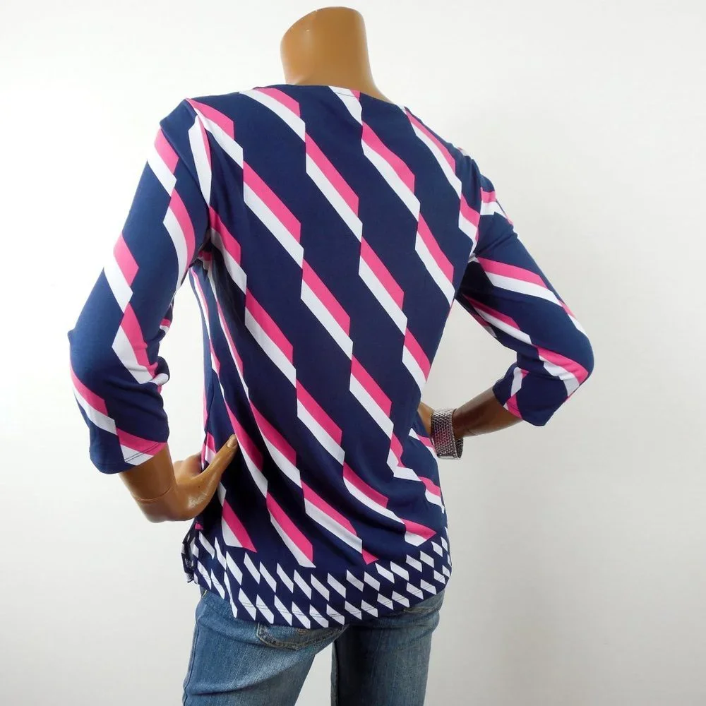 CHICO'S Top S Sz 0 Navy/Pink Stretch Blouse Lightweight 3/4 Sleeve Shirt - Picture 6 of 9